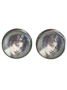 Antique CORO Portrait Earrings Domed Glass Edwardian Lady Screw Back 1920s 30s